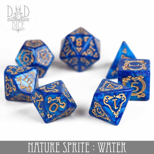 Set of 7 blue acrylic DND dice with gold numbers and designs, labeled Nature Sprite: Water.