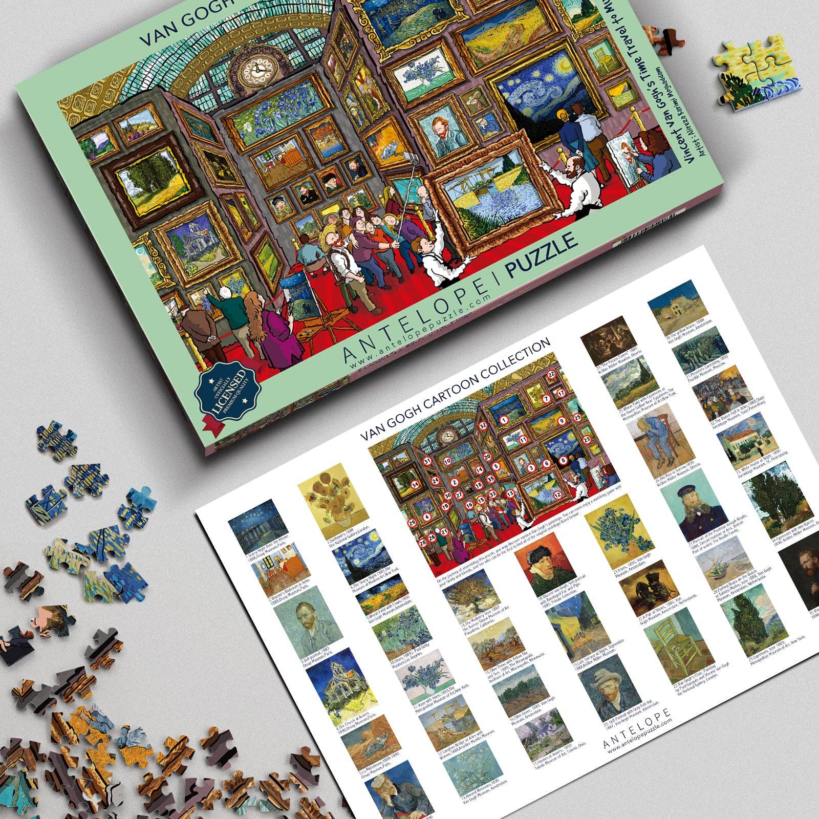 Vincent van Gogh’s Time Travel to Musée d’Orsay 1000-piece puzzle with van Gogh in a cartoon museum scene.