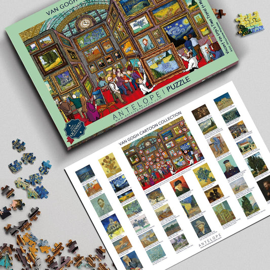 Vincent van Gogh’s Time Travel to Musée d’Orsay 1000-piece puzzle with van Gogh in a cartoon museum scene.