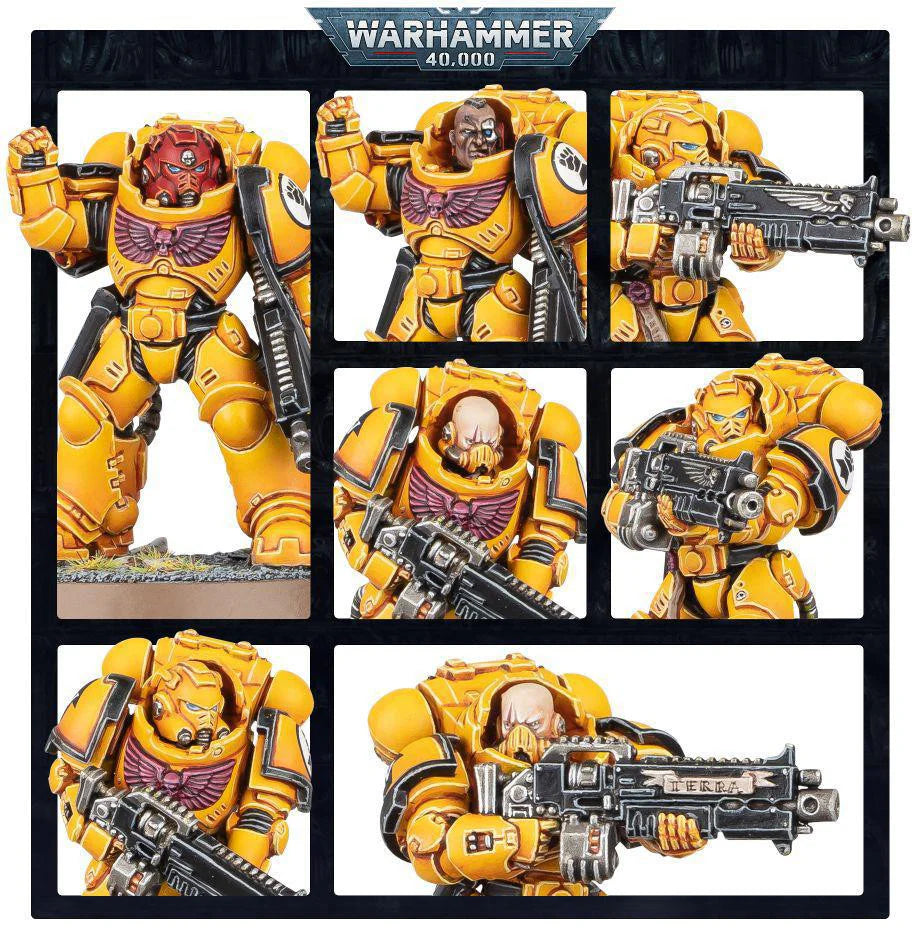 Imperial Fists Bastion Strike Force set with six Gravis-armoured Space Marines equipped with weapons.