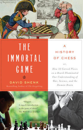 The Immortal Game book cover with chess history illustrations and people playing chess.