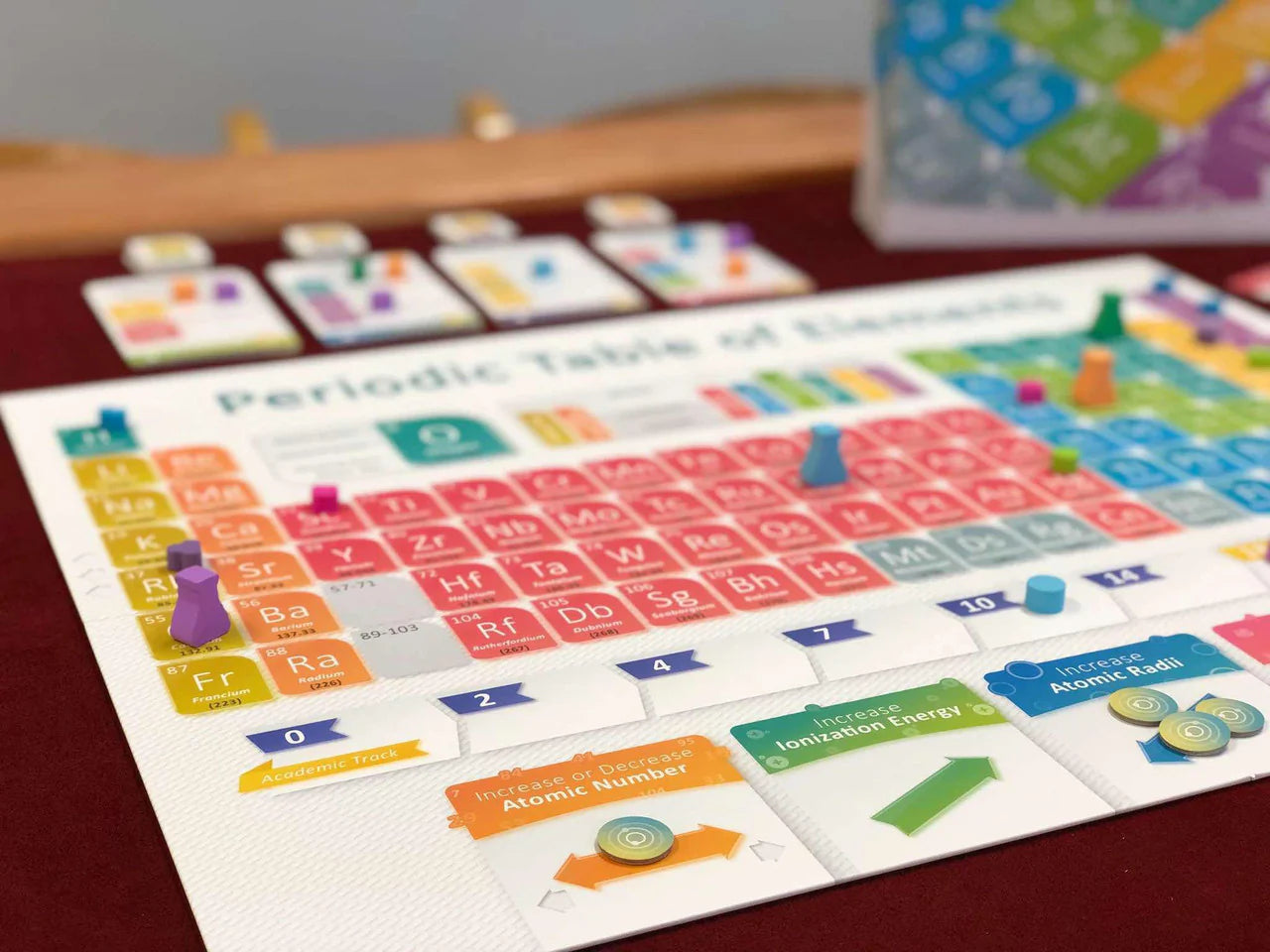 Periodic chemistry game with colorful cards and pieces displayed.