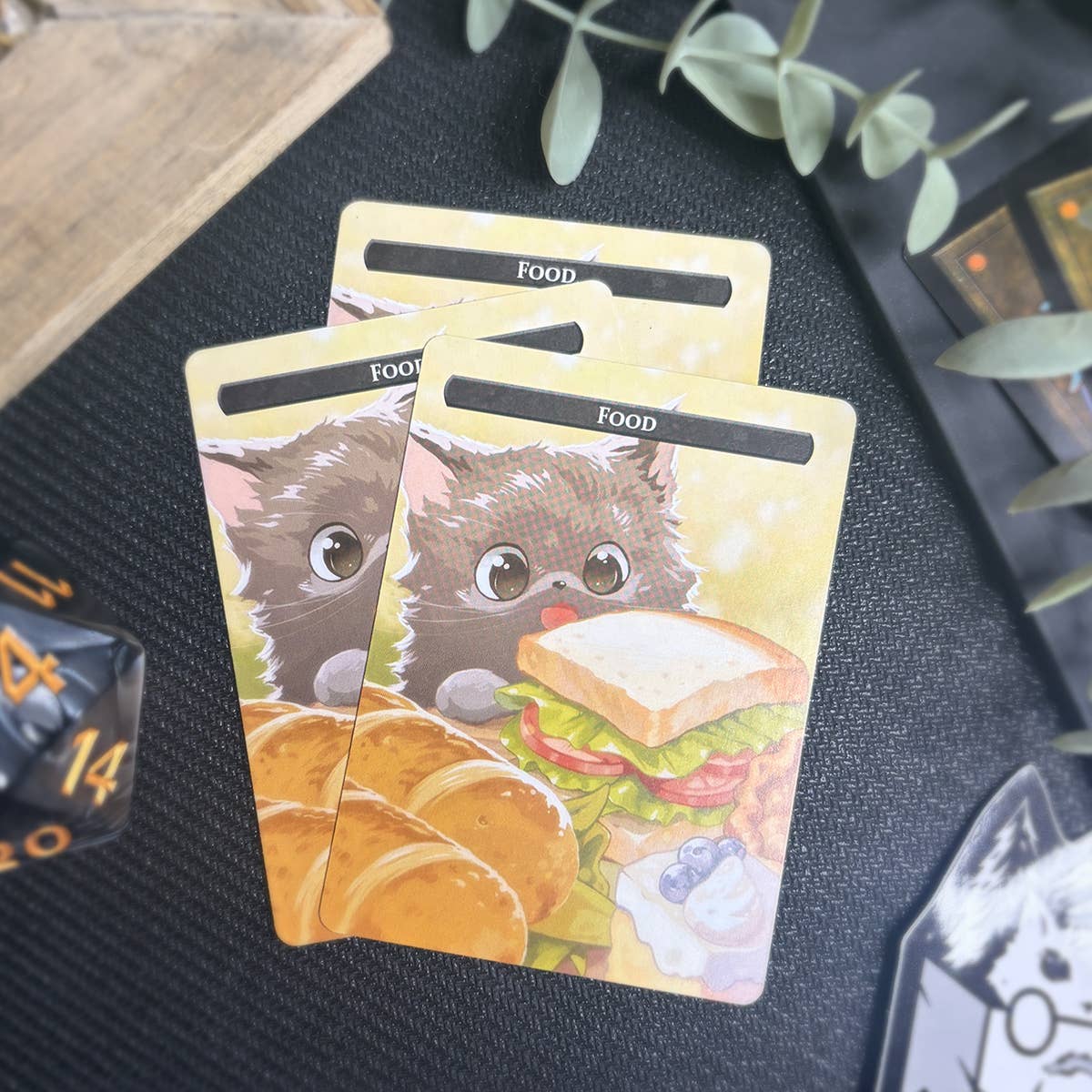 Squirrel & Food Token Set: three cards featuring black kittens with bread, a sandwich, and blueberries.