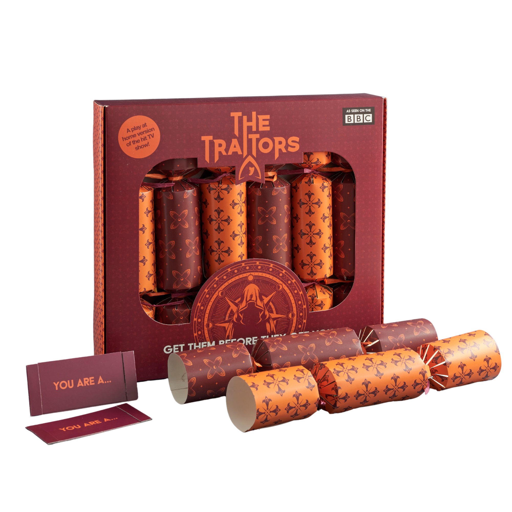 The Traitors Christmas Crackers, set of 6 with game cards included.