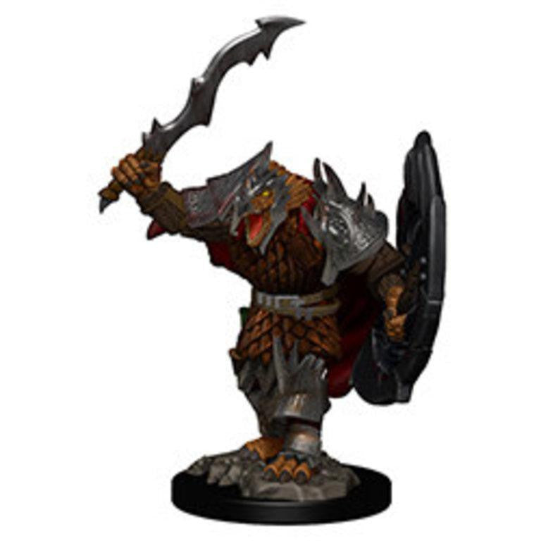 Pre-painted D&D IR Premium Male Dragonborn Fighter miniature with armor, sword, shield, and rocky base.