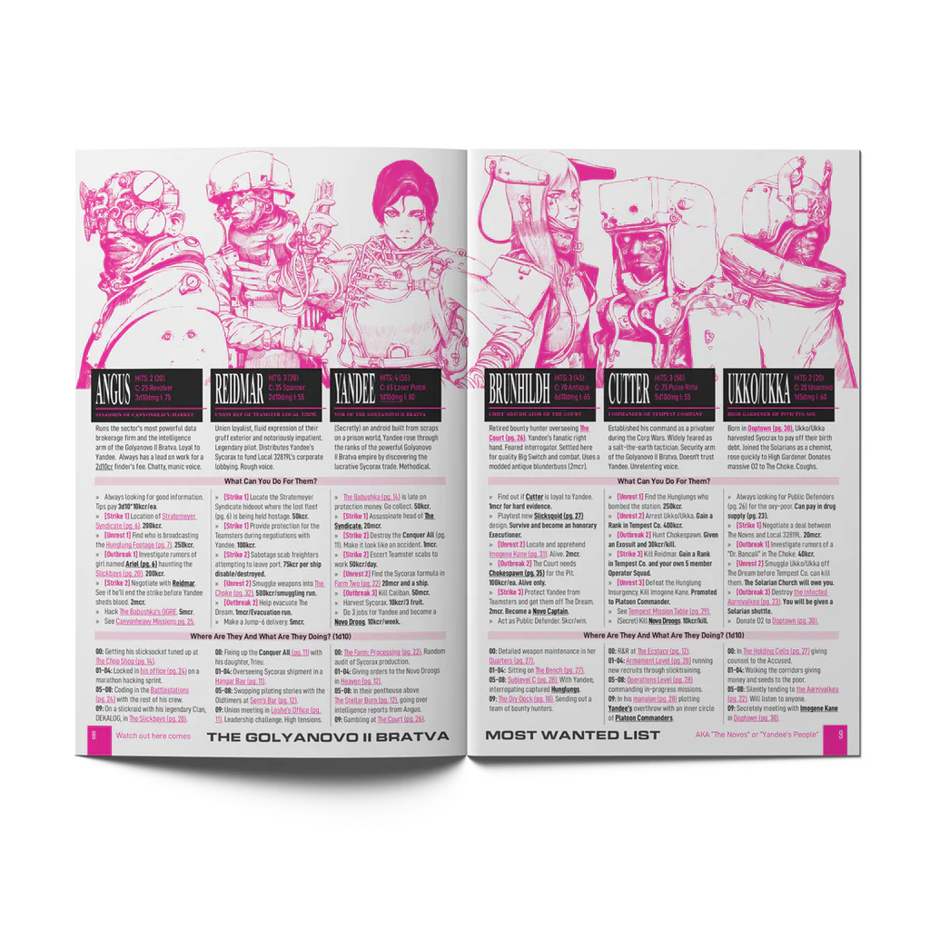 A Pound of Flesh MOTHERSHIP Module zine with character profiles, cybermods, pink sketches, and black text.
