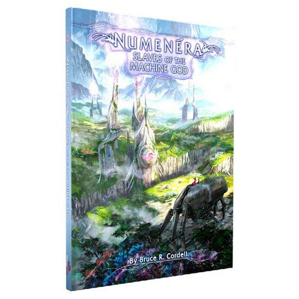 Numenera Slaves of the Machine God game book cover featuring a futuristic landscape and a giant mechanical creature.
