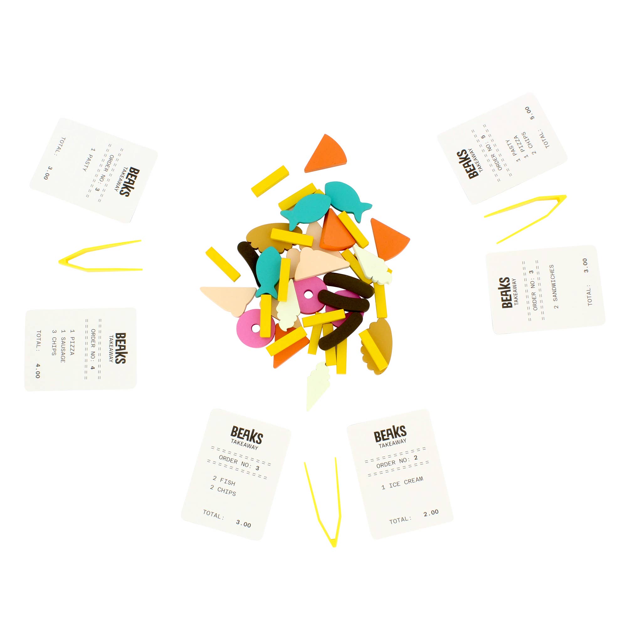 Five Beaks dexterity game: order cards surrounding multicolored wooden food and cutlery pieces.