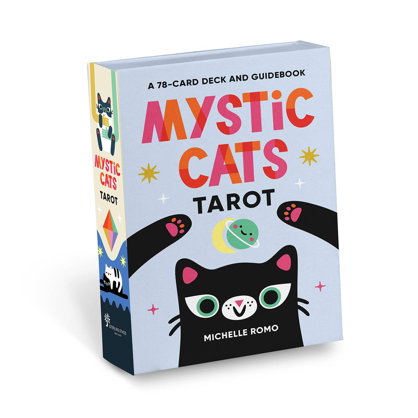 Mystic Cats Tarot 78-Card Deck and Guidebook box with kawaii cat illustration on the cover.