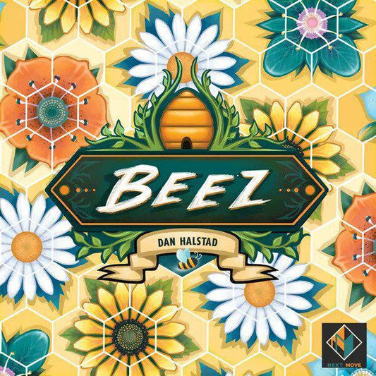BEEZ board game cover displaying flowers, honeycomb patterns, and a sign referencing nectar collection.