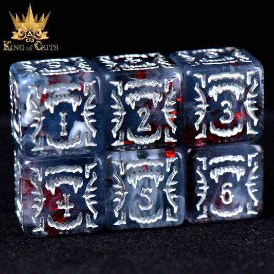 The Vampiric Bloodline 11 Dice Set with translucent dice and white fanged designs.