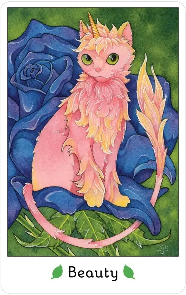 Affirmations of the Fairy Cats Deck and Book Set with a pink cat and unicorn horn on a blue rose.