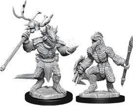 D&D NMU Lizardfolk & Shaman W12 unpainted miniatures: one with staff, one with spear, both on round bases.