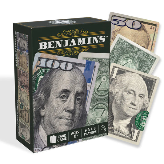 Benjamins Cash Cards, a card game with poker-sized cards showing US currency designs.