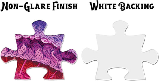 Purple-patterned and plain white pieces from the Hue Wormhole 1000 Piece Jigsaw Puzzle.