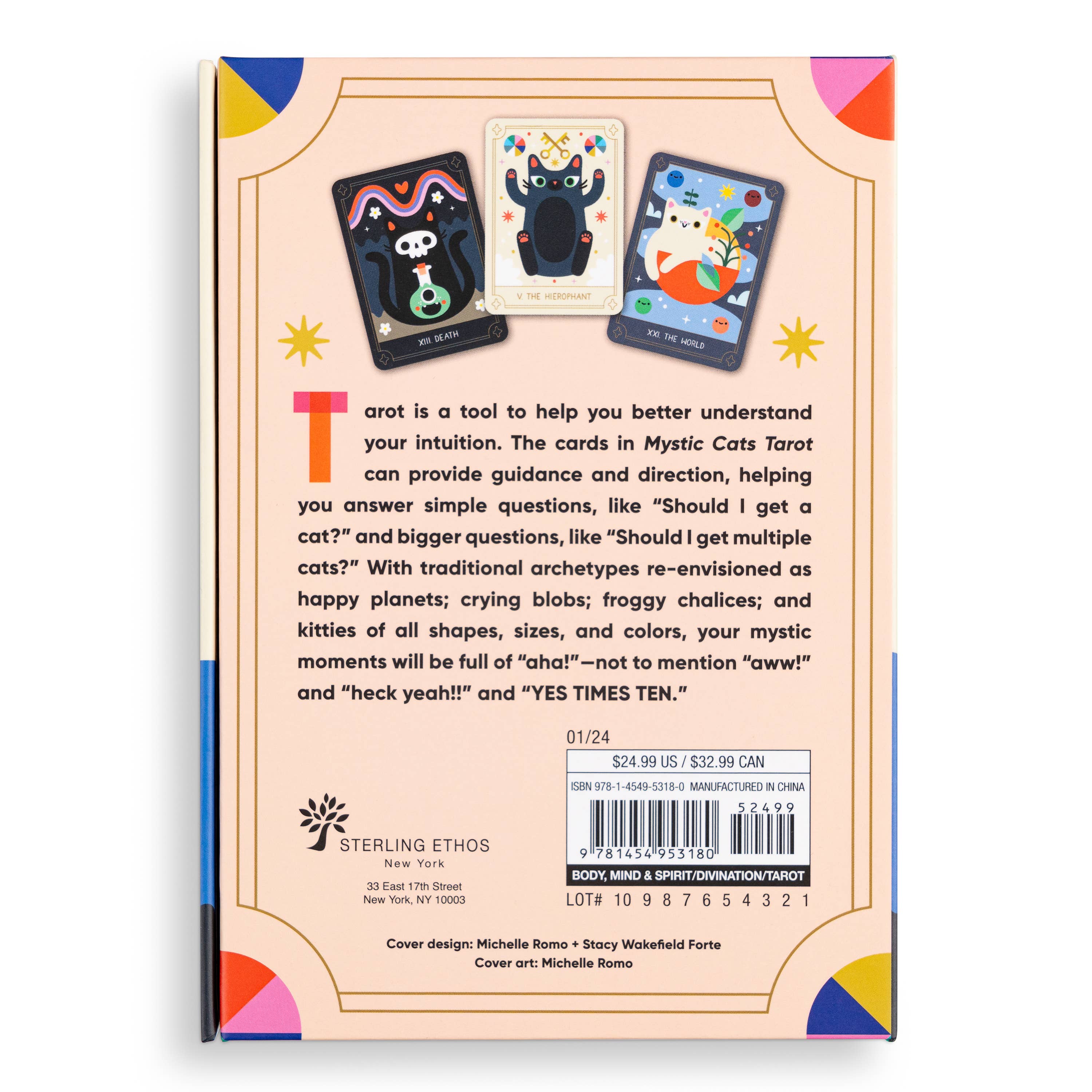 Back cover of Mystic Cats Tarot 78-card deck and guidebook featuring kawaii card designs and brief tarot reading overview.