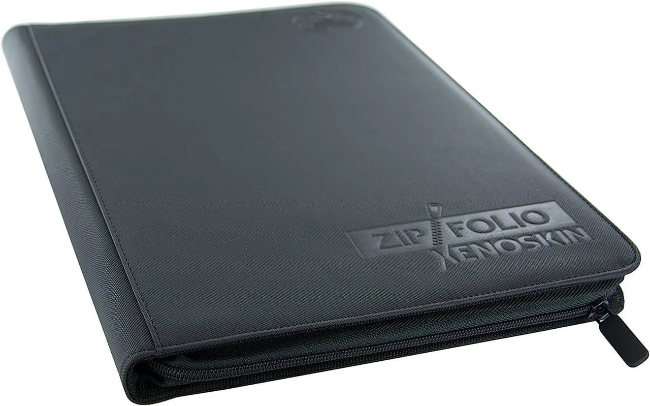 9 Pocket Zipfolio Xenoskin Black with side-loading pockets for acid-free, double-sleeved card storage.