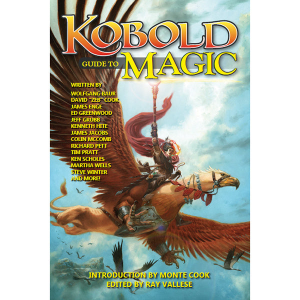 Kobold Guide to Magic cover featuring a warrior in armor riding a griffin and holding a flaming sword.