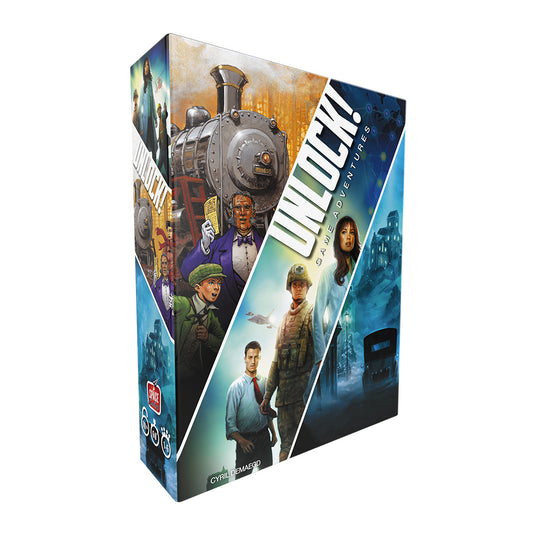 Unlock Game Adventures board game featuring illustrated scenes with a steam train, costumed characters, and mysterious settings.