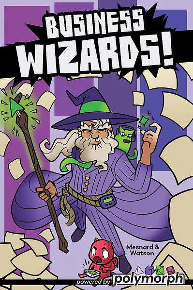 Business Wizards product featuring a purple-robed wizard with staff, flying papers, and a green cat.