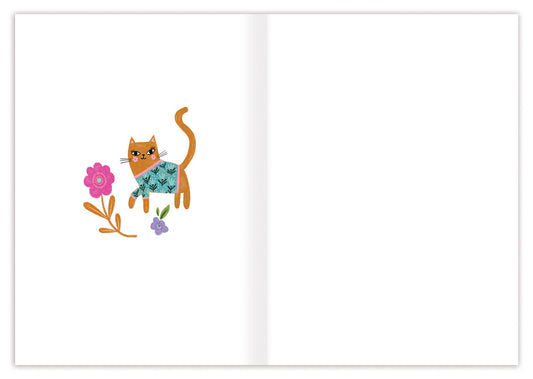 Colorful Cats Blank Card by Kenzie Kae Elston featuring a blue cartoon cat and flowers.