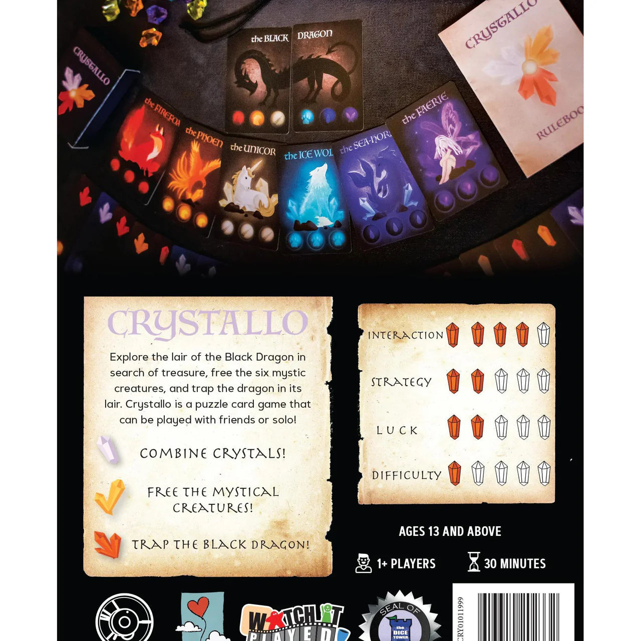Back of Crystallo box with images of magical creatures, cards, crystals, and solo puzzle game information.