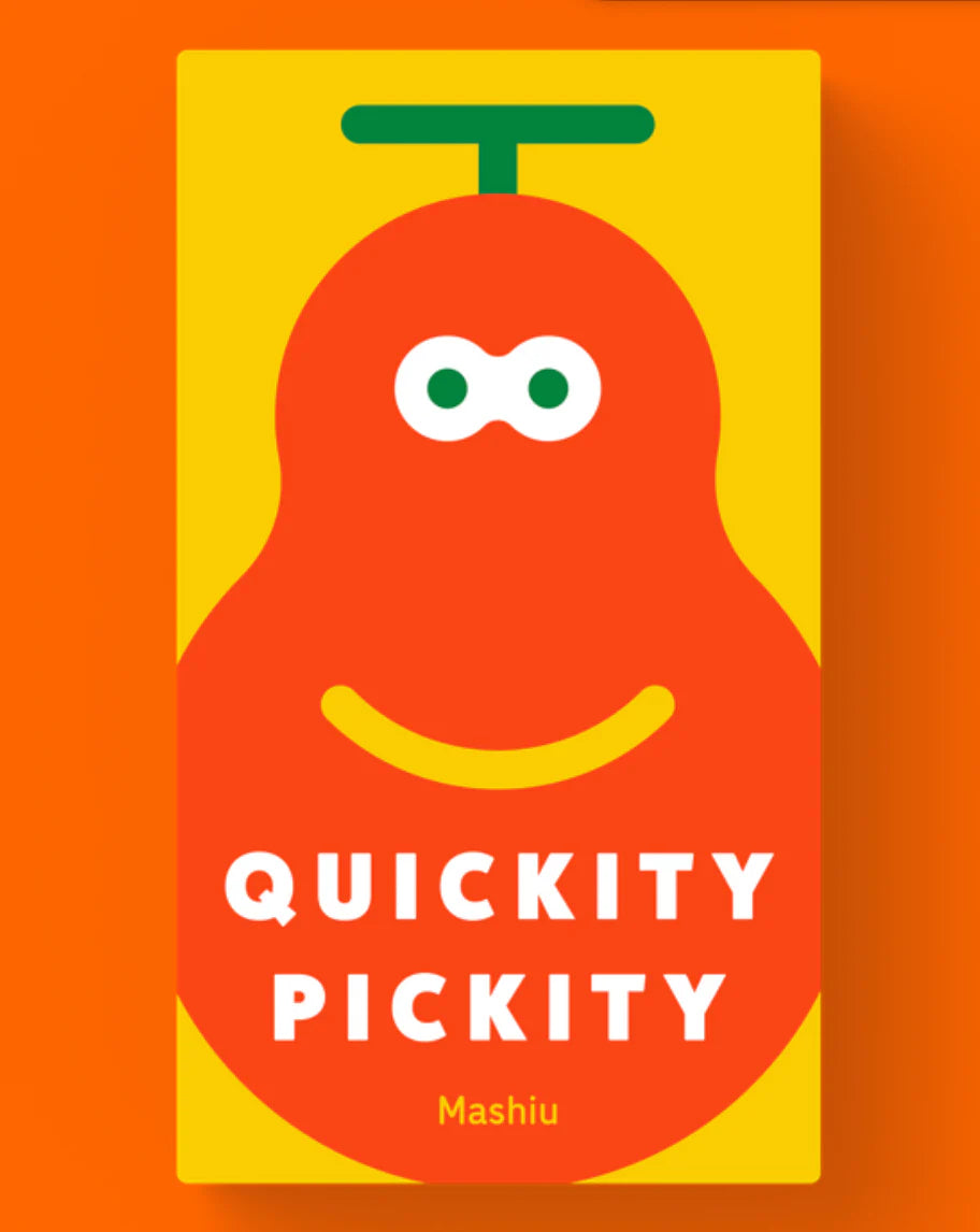 QUICKITY PICKITY family board game featuring an orange character with green stem on the packaging.
