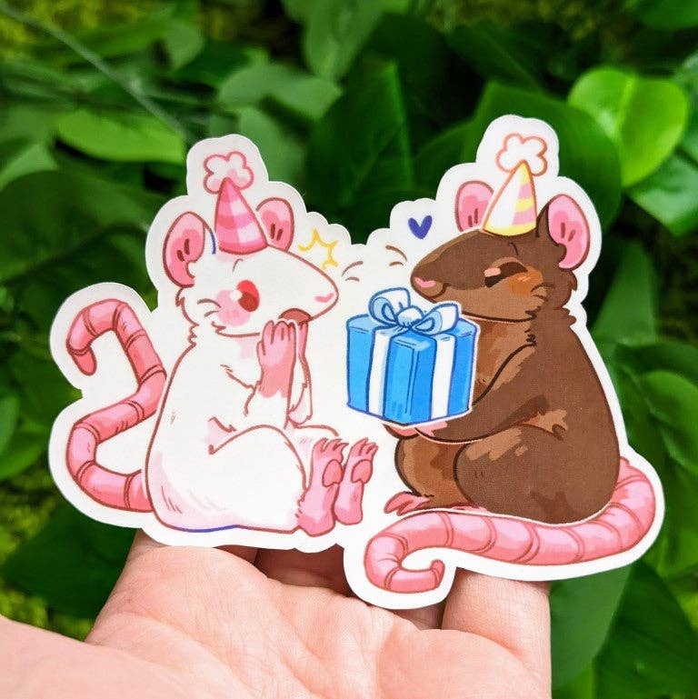 Rat Party Stickers featuring two cartoon rats in party hats exchanging a gift on a hand with green leaves.