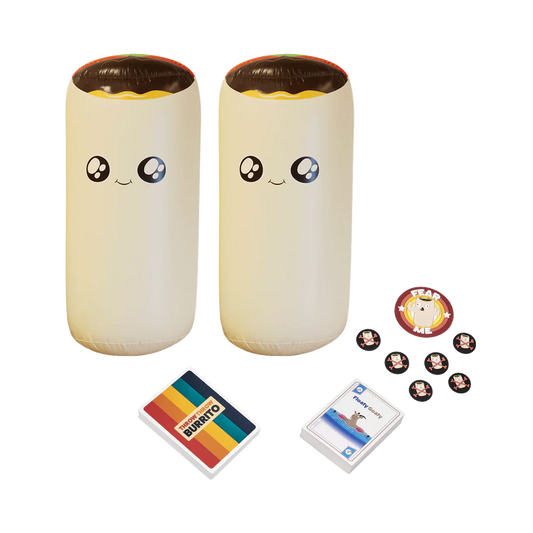 Throw Throw Burrito Extreme Outdoor Edition with two plush burritos, cards, and game pieces.