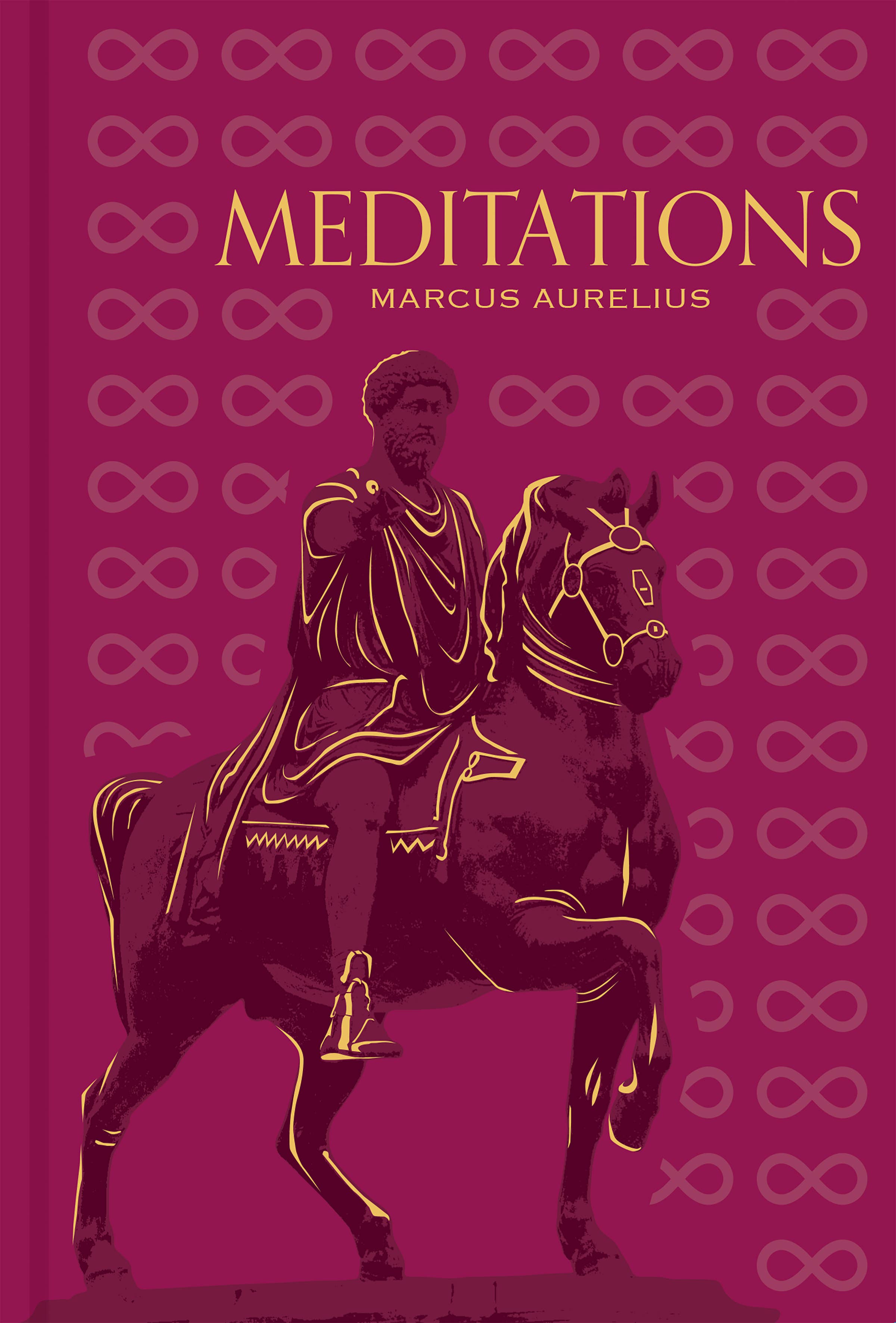 Maroon-patterned “Meditations by Marcus Aurelius” book with horseback statue on cover.