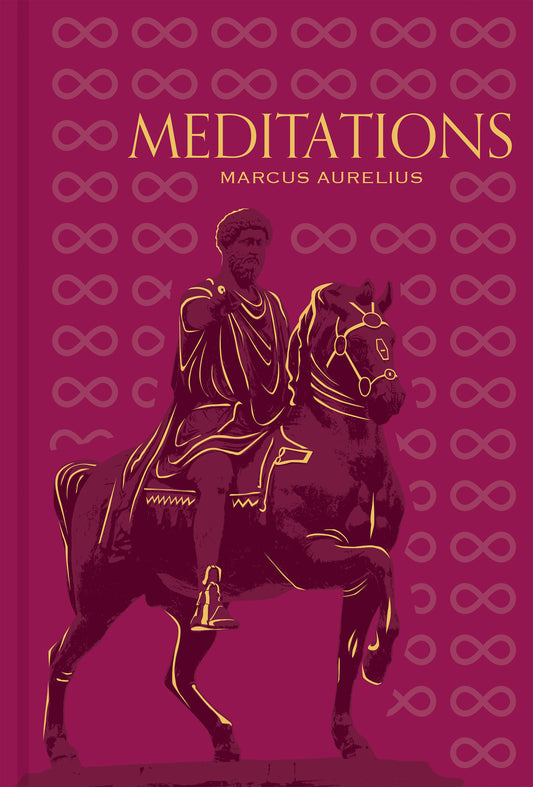 Maroon-patterned “Meditations by Marcus Aurelius” book with horseback statue on cover.