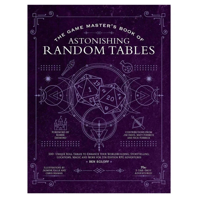 Dungeons & Dragons 5E: Book of Random Tables book cover with dice and fantasy designs on a purple background.