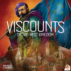 Viscounts of the West Kingdom board game featuring a man in a purple cape with a sword.