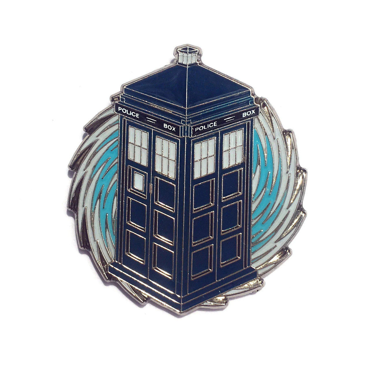 Kolorspun Glowing Doctor Who Tardis Enamel Pin showing a blue TARDIS with swirling patterns.