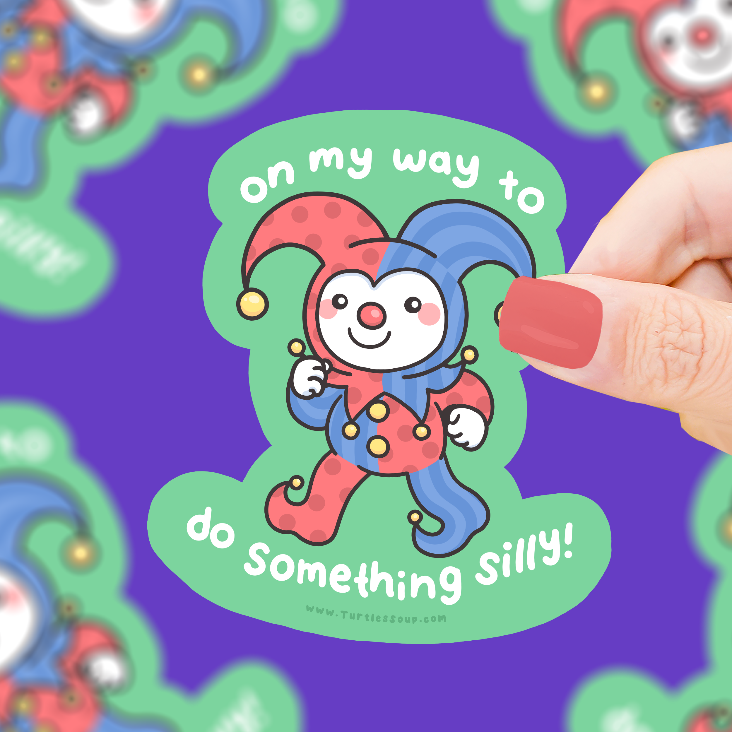 On My Way to Doing Something Silly, Jester waterproof vinyl sticker with a smiling jester held in a hand.