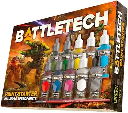 Battletech Paint Starter kit with acrylic paint bottles and a large armored mech miniature for painting.