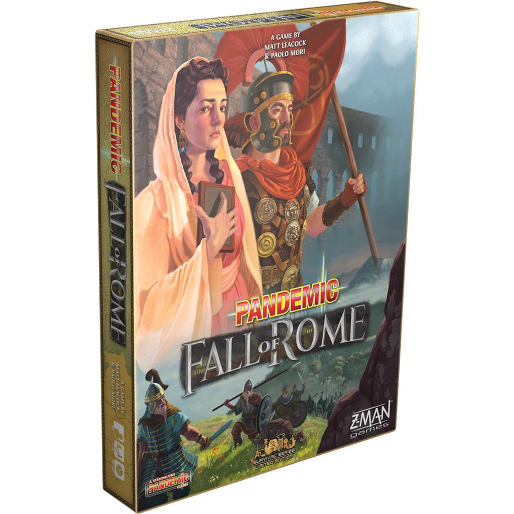 Pandemic Fall of Rome board game box featuring ancient Rome theme, figures, and battlefield scene.