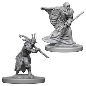 Two unpainted D&D miniatures: armored warrior with sword and Elf Male Druid from Nolzurs Marvelous Minis.