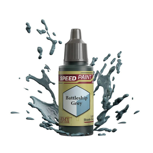 Army Painter Speedpaint Battleship Grey bottle, metallic grey paint for miniatures, one-coat coverage.