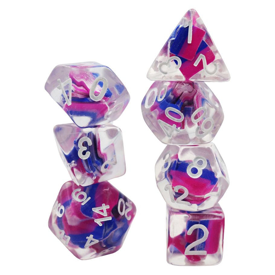 7-Set Bisexual Flag Dice with pink, blue, and purple swirls for D&D and other role-playing games.