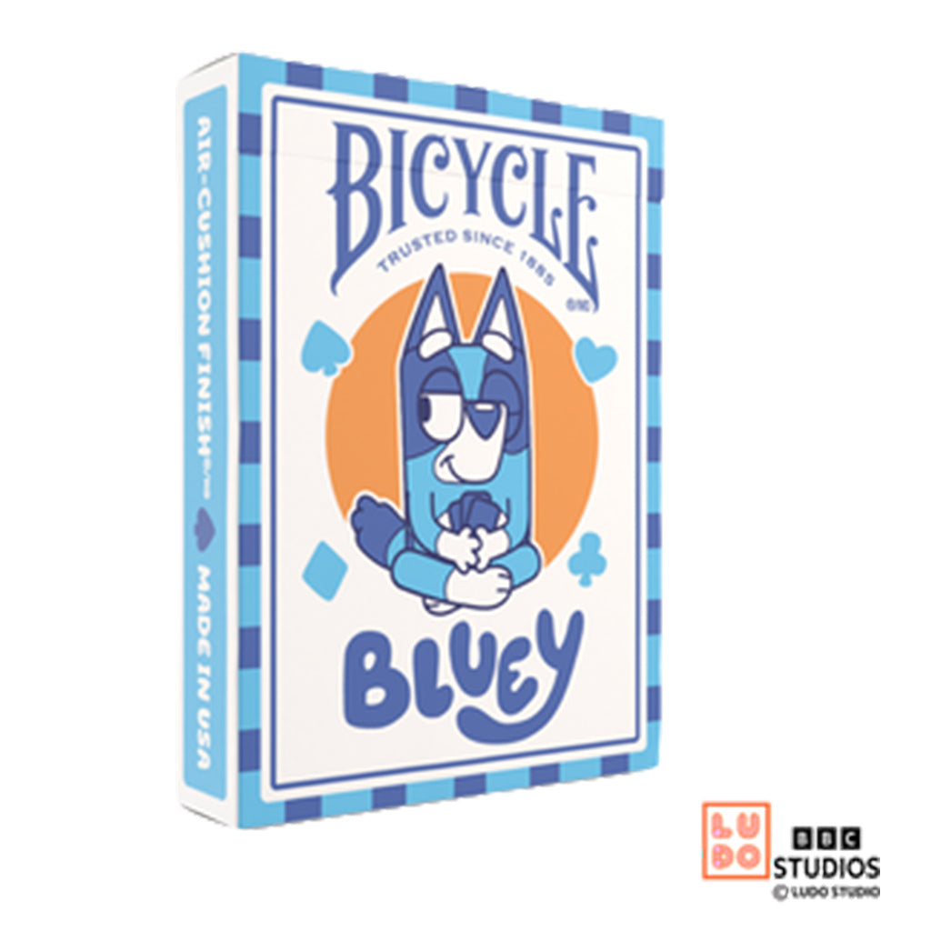 Bluey Bicycle Playing Cards box showing Bluey character and BBC Studios logo on blue and white packaging.