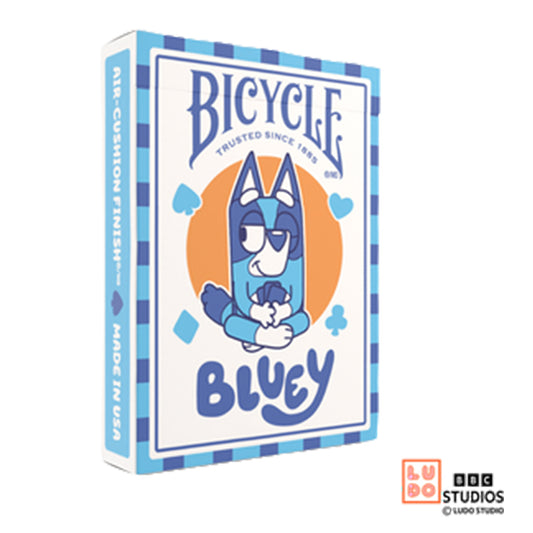 Bluey Bicycle Playing Cards box showing Bluey character and BBC Studios logo on blue and white packaging.