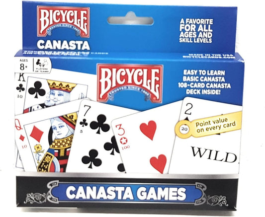Bicycle Canasta 2 Pack box displaying wild cards and point values, blue and white packaging.