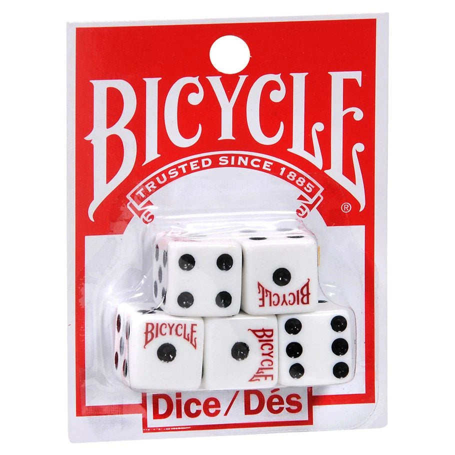 Bicycle Set of 5 D6 dice: five white dice with black pips in red and white packaging.