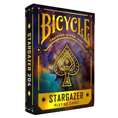 Bicycle Stargazer 204 playing cards box with gold spade design and deep-space background.