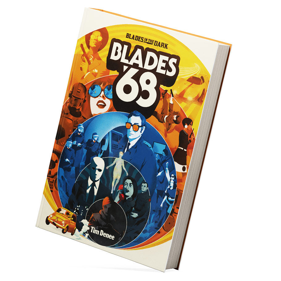 Blades in the Dark: Blades ’68 tabletop RPG supplement with orange and blue 1960s-themed cover art.