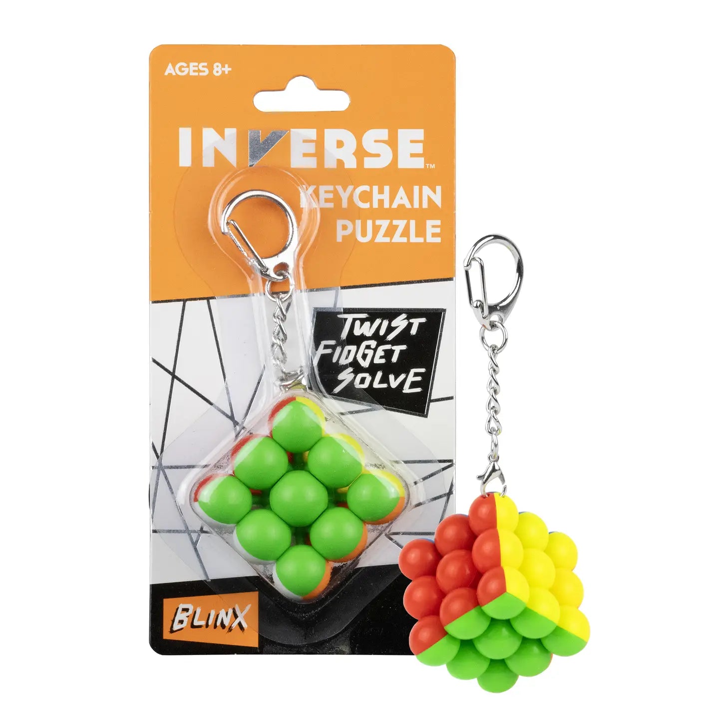 Inverse Blinx Keychain Puzzle with green, yellow, and red beads for ages 8 and up.