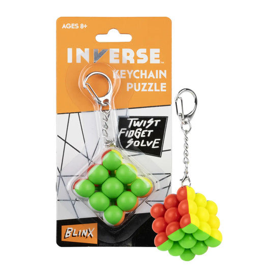 Inverse Blinx Keychain Puzzle with green, yellow, and red beads for ages 8 and up.