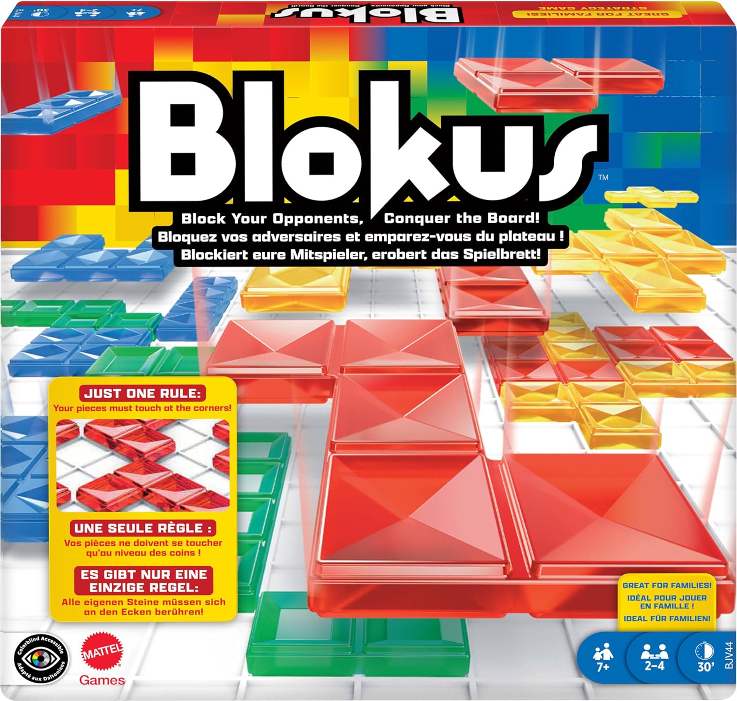Blokus board game with colorful pieces and bold white logo on the packaging.