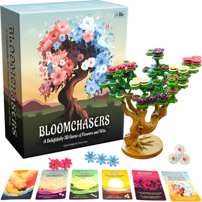 Bloomchasers 3D board game with tree, colorful flowers, cards, and flower tokens included in the box.